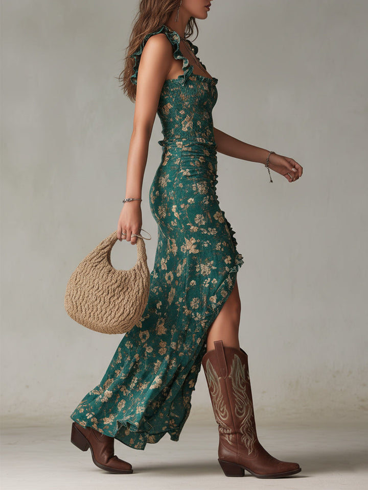 MARAIS | Robe Élégante Fendue Bohème Jade