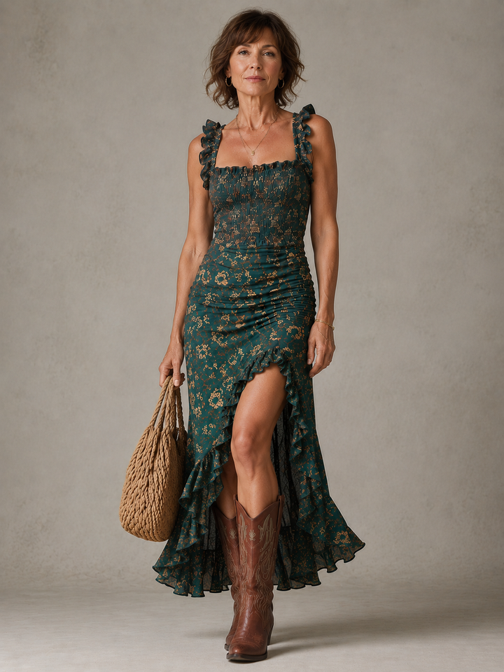 MARAIS | Robe Élégante Fendue Bohème Jade