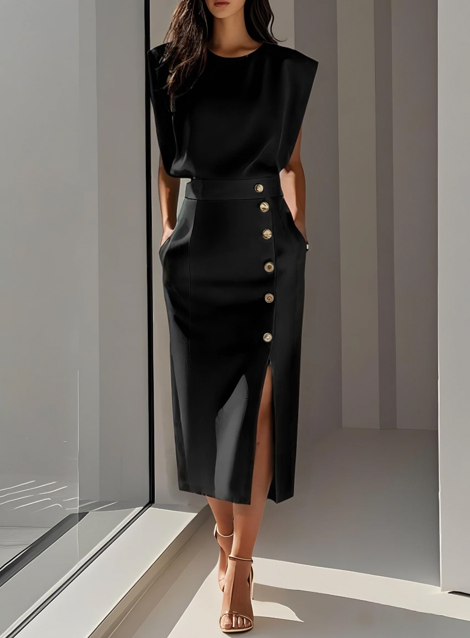 MARAIS | ROBE MIDI AJUSTÉE AVEC BOUTONS DORÉS