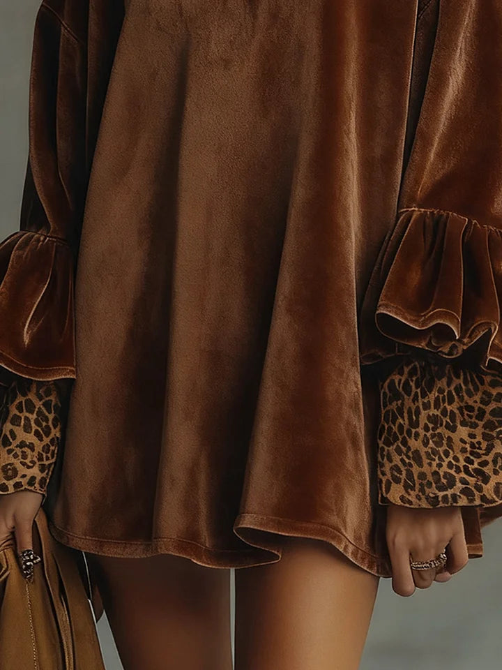 MARAIS | ROBE TRAPÈZE EN VELOURS À MANCHES LÉOPARD