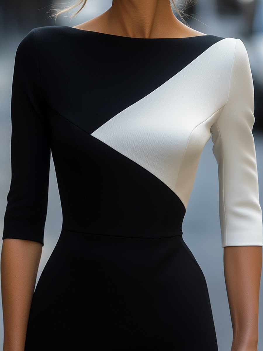 MARAIS | ROBE ÉLÉGANTE BICOLORE À COUPE ASYMÉTRIQUE